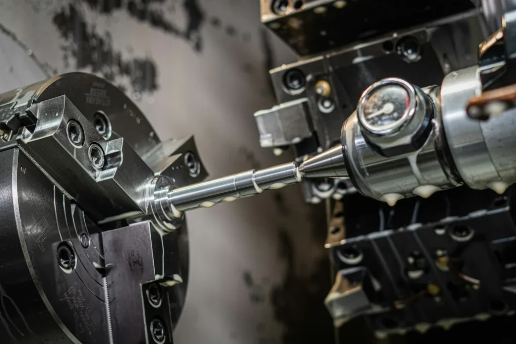Close-up of a CNC lathe at work