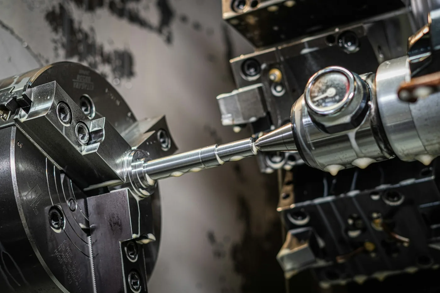 Close-up of a CNC lathe at work